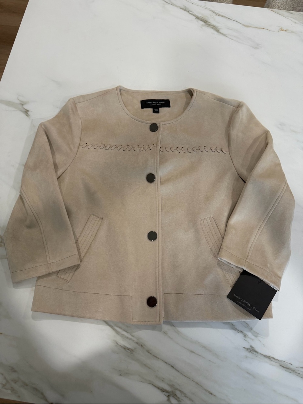 Marc New York by Andrew Marc Faux Suede Jacket NWT Large Cement Whipstitch Snap